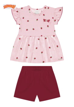 CONJUNTO INFANTIL ALAKAZOO BLUSA BATA COM ESTAMPA DE MORANGO E SHORTS TEXTURIZADO - 65313