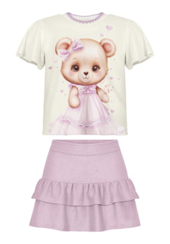 CONJUNTO INFANTIL ALAKAZOO BLUSA ESTAMPA URSINHA E SAIA EM TECIDO MAQUINETADO - A5291