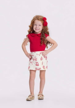 CONJUNTO INFANTIL ALAKAZOO BLUSA TEXTURIZADA E SHORTS SAIA COM ESTAMPA DE LAÇOS - 46863