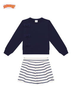 CONJUNTO INFANTIL ALAKAZOO BLUSÃO COM LAÇOS E SHORT SAIA LISTRADO - 65297