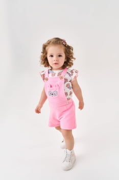 CONJUNTO INFANTIL CINTI BABY BLUSA COM ESTAMPA DE URSINHA E JARDINEIRA ROSA - 10235