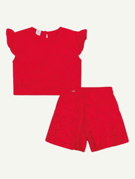 CONJUNTO INFANTIL CINTI BABY BLUSA E SHORT EM LAISE CORAÇÕES VERMELHO - 10297