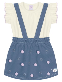 CONJUNTO INFANTIL CINTI BABY BODY E SALOPETE EM JEANS COM DETALHE EM POM POM - 10233