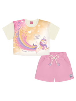 CONJUNTO INFANTIL CINTI BLUSA BOXY ESTAMPA UNICÓRNIO E SHORT COM BOLSO - 12111