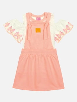 CONJUNTO INFANTIL CINTI BLUSA COM BORBOLETAS E SALOPETE LARANJA NEON - 12225