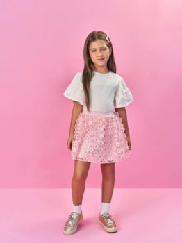 CONJUNTO INFANTIL CINTI BLUSA COM BORDADO E SAIA DE TULE COM FLORES - 12567