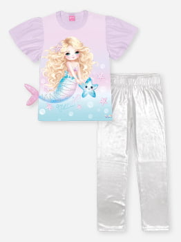 CONJUNTO INFANTIL CINTI BLUSA COM ESTAMPA DE SEREIA E CALÇA LEGGING METALIZADA - 12547