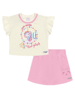 CONJUNTO INFANTIL CINTI BLUSA COM ESTAMPA UNICÓRNIO COM DETALHE EM STRASS E SHORT SAIA - 10253 