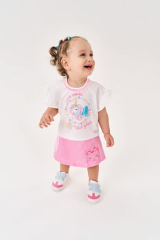 CONJUNTO INFANTIL CINTI BLUSA COM ESTAMPA UNICÓRNIO COM DETALHE EM STRASS E SHORT SAIA - 10253 