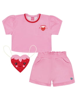 CONJUNTO INFANTIL CINTI BLUSA CROPEED E SHORT EM MOLETINHO ACOMPANHA MOCHILA STRAWBERRY - 12160