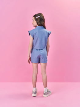 CONJUNTO INFANTIL CINTI BLUSA CROPPED COLETE E SHORT EM JEANS MÉDIO - 12589