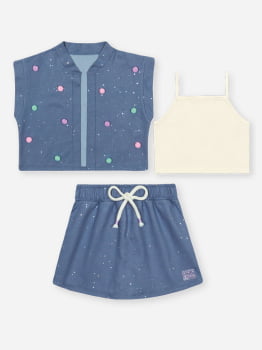 CONJUNTO INFANTIL CINTI BLUSA CROPPED COLETE E SHORT EM JEANS MÉDIO - 12589