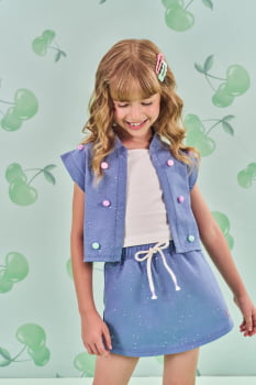 CONJUNTO INFANTIL CINTI BLUSA CROPPED COLETE E SHORT EM JEANS MÉDIO - 12589