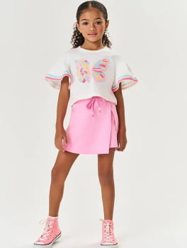 CONJUNTO INFANTIL CINTI BLUSA CROPPED COM ESTAMPA DE BORBOLETA E SHORT SAIA - 12248