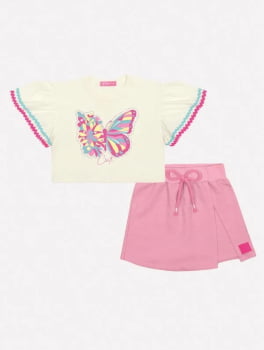 CONJUNTO INFANTIL CINTI BLUSA CROPPED COM ESTAMPA DE BORBOLETA E SHORT SAIA - 12248