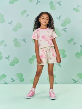 CONJUNTO INFANTIL CINTI BLUSA CROPPED E SHORT EM MOLETOM LINHO ESTAMPA BORBOLETAS - 12549
