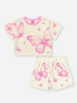 CONJUNTO INFANTIL CINTI BLUSA CROPPED E SHORT EM MOLETOM LINHO ESTAMPA BORBOLETAS - 12549