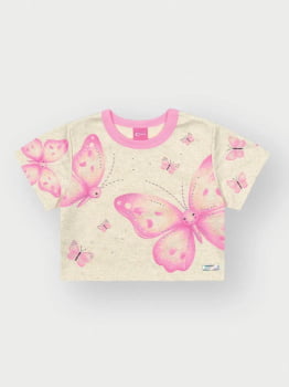 CONJUNTO INFANTIL CINTI BLUSA CROPPED E SHORT EM MOLETOM LINHO ESTAMPA BORBOLETAS - 12549