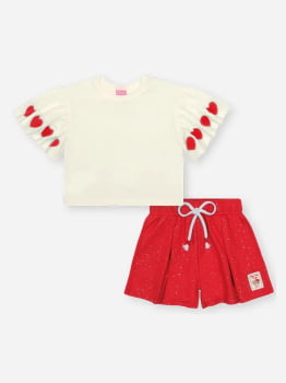 CONJUNTO INFANTIL CINTI BLUSA CROPPED EM MEIA MALHA COM CORAÇÕES E SHORT COM GLITTER - 12715