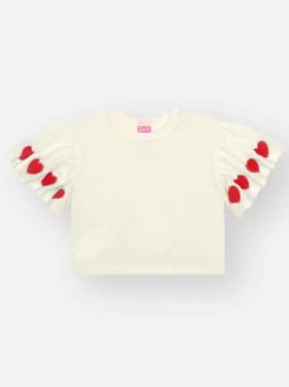 CONJUNTO INFANTIL CINTI BLUSA CROPPED EM MEIA MALHA COM CORAÇÕES E SHORT COM GLITTER - 12715