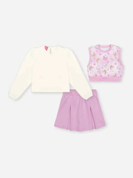 CONJUNTO INFANTIL CINTI BLUSA EM MEIA MALHA ACOMPANHA COLETE EM MOLECOTTON E SHORT - SAIA - 12941