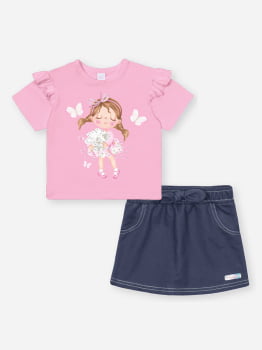 CONJUNTO INFANTIL CINTI BLUSA EM MEIA MALHA ESTAMPADA E SHORT - SAIA JEANS - 10431