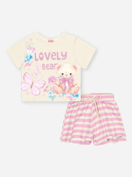 CONJUNTO INFANTIL CINTI BLUSA ESTAMPA LOVELY BEAR E SHORT LISTRADO - 12721