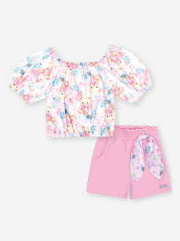 CONJUNTO INFANTIL CINTI BLUSA ESTAMPA FLORAL COM URSINHO E SHORT - 12719
