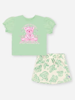 CONJUNTO INFANTIL CINTI BLUSA ESTAMPA WONDERFUL E SHORT- SAIA EM MOLETOM LINHO - 10480