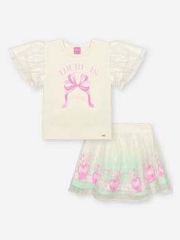 CONJUNTO INFANTIL CINTI BLUSA ESTAMPADA E SAIA EM TULE COM BRILHO - 12734
