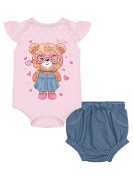 CONJUNTO INFANTIL CINTI BABY BODY COM ESTAMPA URSO E SHORT JEANS - 10259