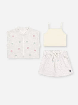TRIO CONJUNTO INFANTIL CINTI COLETE COM POMPONS E TOP CROPPED E SHORT-SAIA EM MOLETINHO - 012262590