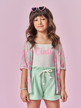 CONJUNTO INFANTIL CINTI CREPPED REGATA COM KIMONO EM TULE ESTAMPADO E SHORT EM MOLETINHO - 12654 CONJUNTO INFANTIL CINTI CREPPED REGATA COM KIMONO EM TULE ESTAMPADO E SHORT EM MOLETINHO - 12654