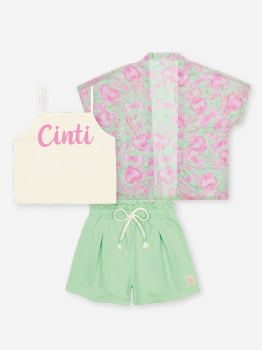 CONJUNTO INFANTIL CINTI CREPPED REGATA COM KIMONO EM TULE ESTAMPADO E SHORT EM MOLETINHO - 12654 CONJUNTO INFANTIL CINTI CREPPED REGATA COM KIMONO EM TULE ESTAMPADO E SHORT EM MOLETINHO - 12654