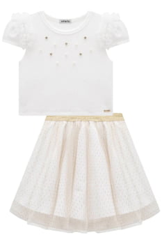 CONJUNTO INFANTIL INFANTI BLUSA CROPPED EM JACQUARD E SAIA EM TULE DOTS COM SHORT EMBUTIDO - 77380