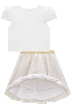 CONJUNTO INFANTIL INFANTI BLUSA CROPPED EM JACQUARD E SAIA EM TULE DOTS COM SHORT EMBUTIDO - 77380