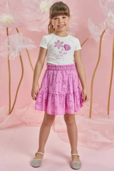 CONJUNTO INFANTIL INFANTI BLUSA EM CANELADDO E SAIA EM LAISE COM SHORT EMBUTIDO - 85762