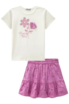 CONJUNTO INFANTIL INFANTI BLUSA EM CANELADDO E SAIA EM LAISE COM SHORT EMBUTIDO - 85762