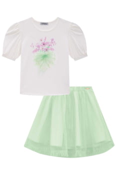 CONJUNTO INFANTIL INFANTI BLUSA EM CANELADO MAUI E SAIA EM TULE WAVE COM SHORTS EMBUTIDO - 77915