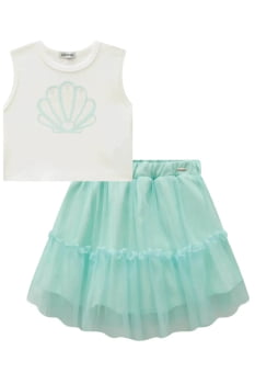 CONJUNTO INFANTIL INFANTI REGATA CROPPED EM CANELADO LIZ E SAIA EM TULE COM SHORT - 83986