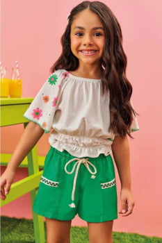 CONJUNTO INFANTIL KUKIÊ BLUSA BOXY EM COTTON E SHORTS EM BLEND DE LINHO - 76997