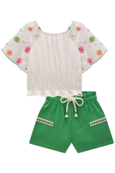 CONJUNTO INFANTIL KUKIÊ BLUSA BOXY EM COTTON E SHORTS EM BLEND DE LINHO - 76997