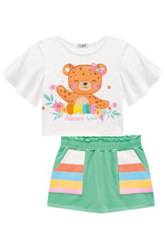 CONJUNTO INFANTIL KUKIÊ BLUSA BOXY EM COTTON LINHO E SHORT SAIA EM MOLEVISCO - 74166