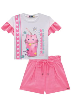 CONJUNTO INFANTIL KUKIÊ BLUSA BOXY EM MEIA MALHA E SHORTS EM MALHA TEXTURA - 77933