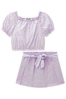 CONJUNTO INFANTIL KUKIÊ BLUSA BOXY EM SUPER SOFT E SHORT SAIA EM SARJA COM ELASTANO - 76405