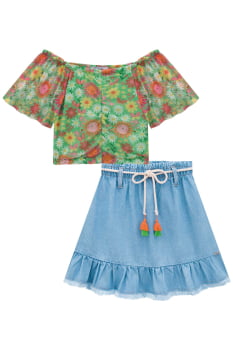 CONJUNTO INFANTIL KUKIÊ BLUSA BOXY EM TULE E SAIA EM JEANS ARKANSAS - 73909