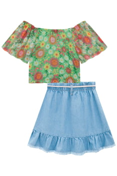 CONJUNTO INFANTIL KUKIÊ BLUSA BOXY EM TULE E SAIA EM JEANS ARKANSAS - 73909