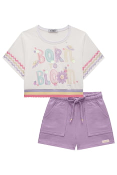 CONJUNTO INFANTIL KUKIÊ BLUSA BOXY OVER EM MALHA WAVE E SHORTS EM MOLETOM SEM PELÚCIA - 75774