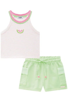 CONJUNTO INFANTIL KUKIÊ BLUSA CROPPED EM COTTON LISTRADO E SHORT EM SARJA - 75736