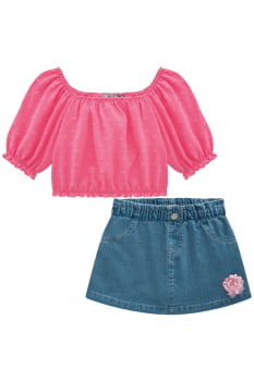 CONJUNTO INFANTIL KUKIÊ BLUSA EM AIR FLOW SHORT SAIA EM JEANS BELLINI - 75845